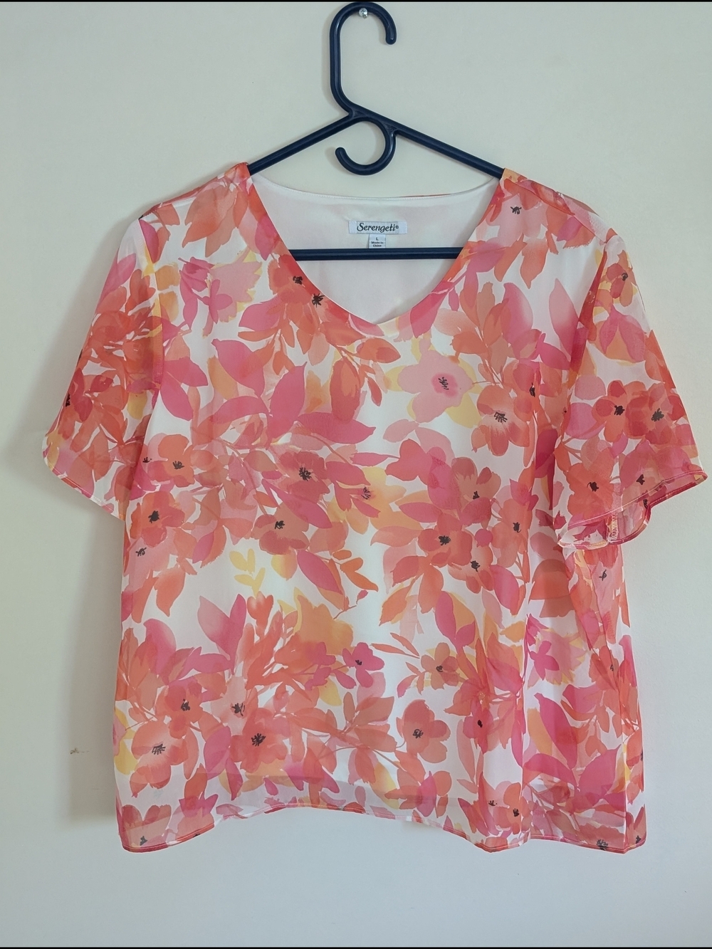 Serengeti Floral White Pink Orange Chiffon V-Neck Layered Blouse L